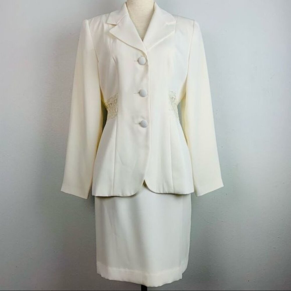 Vintage 80s Hugo Buscati Ivory Lace Trimmed Skirt Suit 2 Piece Set
